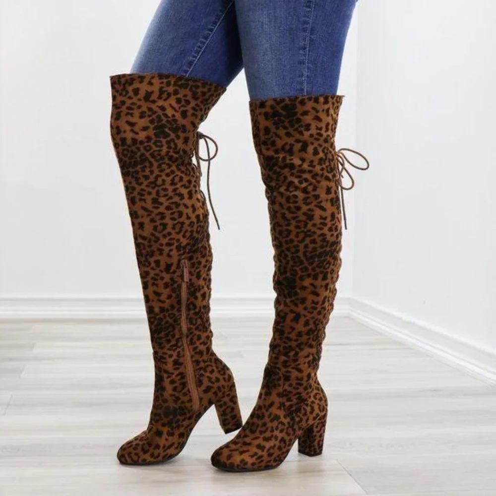 Suede Leopard Thigh High Heeled Boots Back Laces - Picture 8 of 15